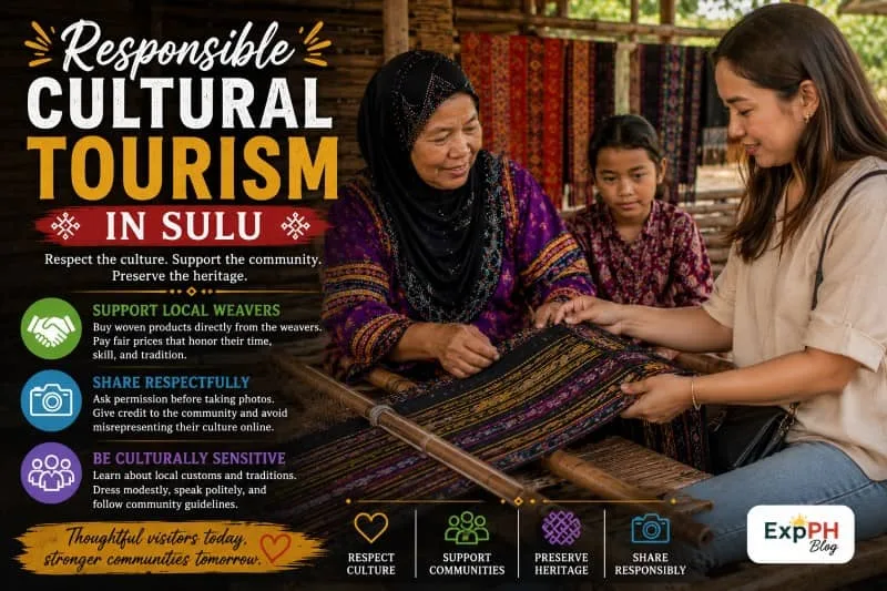 Filipino visitors respectfully observing Tausug weaving traditions in Sulu while supporting local artisans with educational text about responsible cultural tourism and the ExpPH Blog logo.