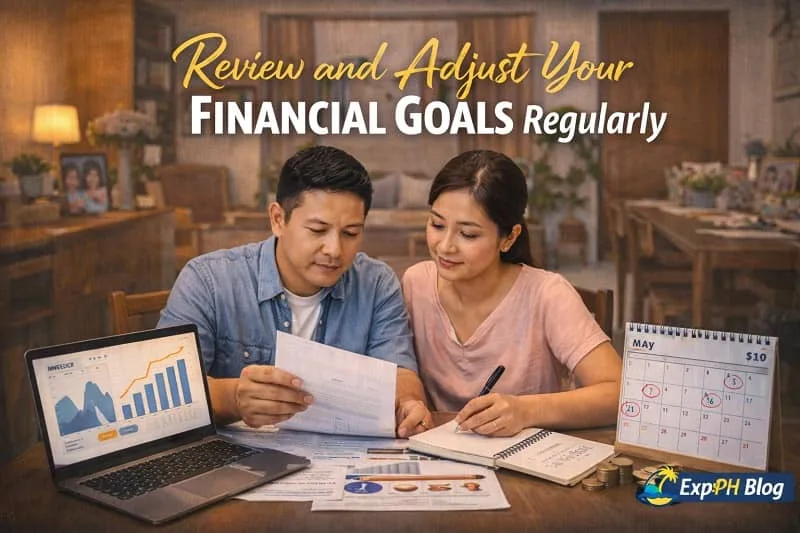 Review and adjust financial goals regularly showing a Filipino couple reviewing budgets, tracking progress, and updating financial plans for long term stability