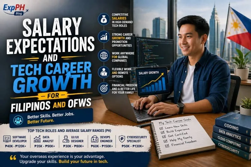 Filipino tech professional working on a laptop with salary growth chart, Philippine flag, and digital career icons representing tech salary and career growth for OFWs