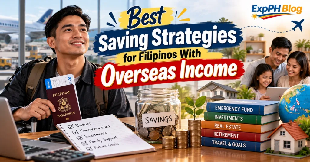A Filipino overseas worker holding a Philippine passport beside savings, a budget checklist, and financial planning books, with his family pictured in the background, illustrating saving strategies for Filipinos earning income abroad.