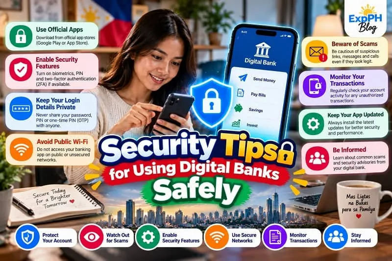 Filipino woman using a smartphone for digital banking, surrounded by security tips about protecting login details, avoiding scams, using secure networks and monitoring transactions.
