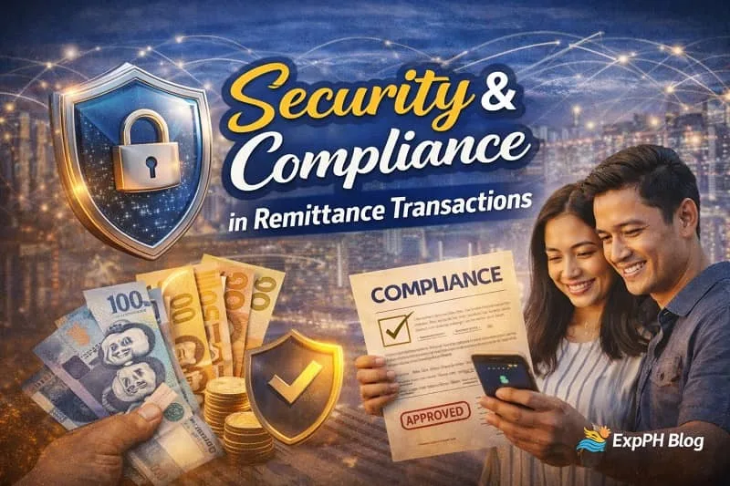 Filipino OFW couple reviewing secure remittance transaction with compliance approval and protection icons