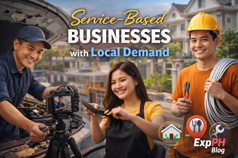 Filipino workers providing local services such as laundry, cleaning, and home maintenance with ExpPH Blog logo visible