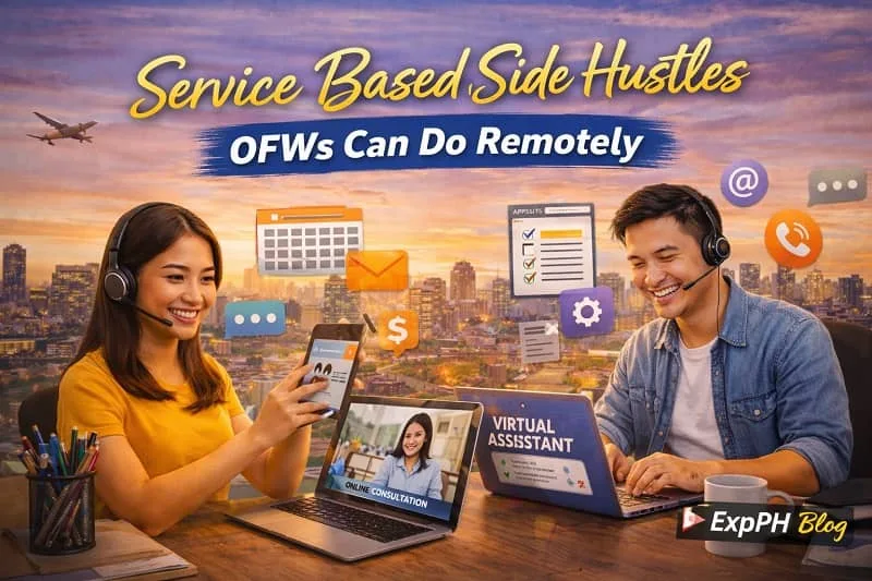 Filipino OFWs working remotely on service based side hustles such as customer support, social media management, and online services using laptops and headsets