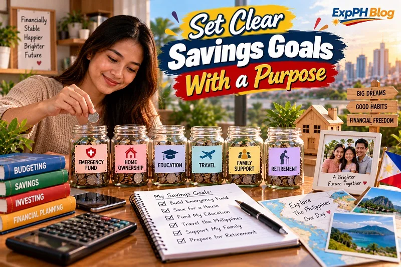 Set clear savings goals with a purpose, showing a Filipina woman saving money for an emergency fund, homeownership, education, travel, family support, and retirement.