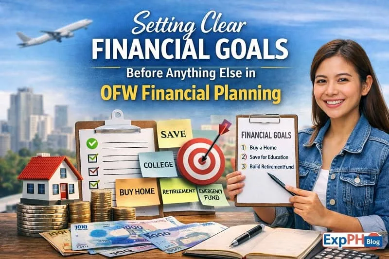 Filipino OFW reviewing financial goals with notebook, savings chart, and family photos, representing setting clear financial goals in OFW Financial Planning