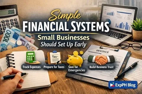 Filipino small business workspace showing financial tools like calculator, invoices, laptop charts, and piggy bank representing simple financial systems for small businesses