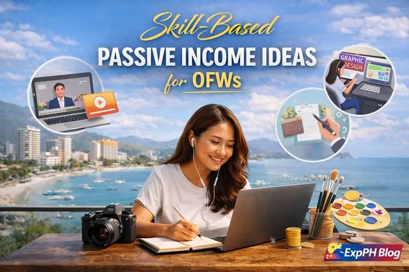 Filipino OFW using a laptop and digital tools representing skill-based passive income ideas for overseas Filipino workers