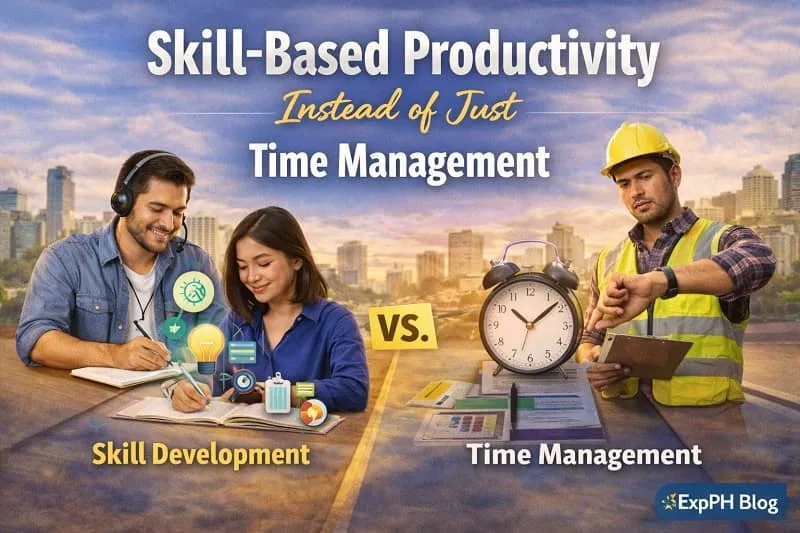 Filipino workers focusing on skill development compared with time management, showing skill based productivity habits for OFWs with ExpPH Blog logo