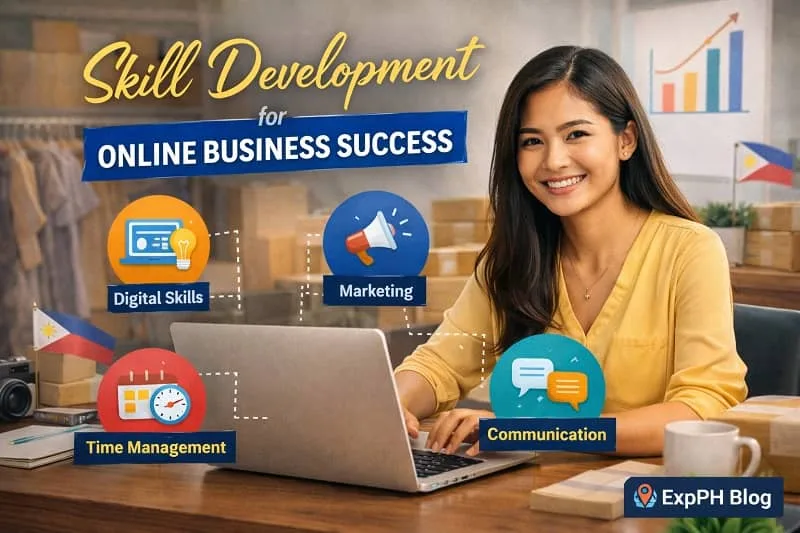 Filipino OFW developing digital skills for online business success while working on a laptop with ExpPH Blog logo