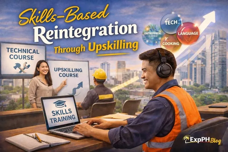 Filipino OFW attending skills training using a laptop and learning tools, representing skills-based reintegration through upskilling for sustainable income in the Philippines