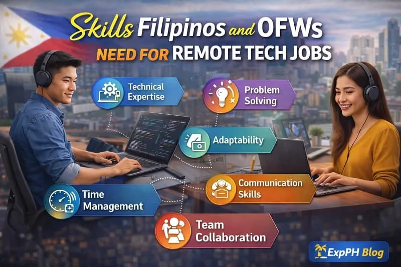 Filipino professionals developing technical, communication, and time management skills for remote tech jobs with ExpPH Blog logo