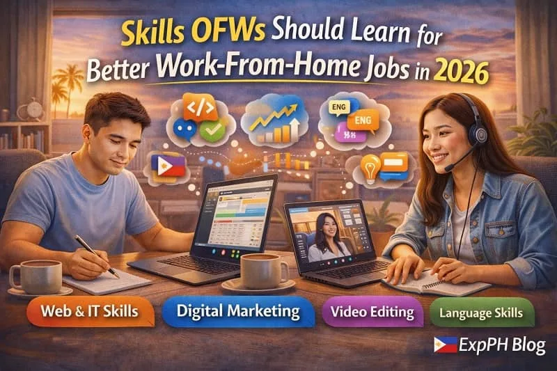 Filipino OFW working from home while learning digital skills on a laptop, representing skills OFWs should learn for better work from home jobs in 2026