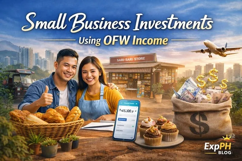 Filipino couple running a small business funded by OFW income, showing bakery products, sari sari store, savings growth, and ExpPH Blog logo