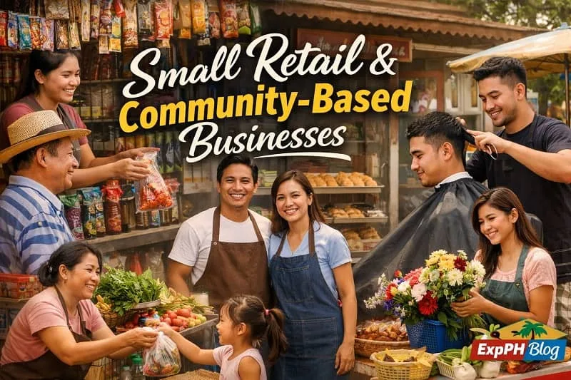 Filipino community with small retail businesses including a sari-sari store, bakery, barber shop, and local vendors interacting with customers in a lively neighborhood