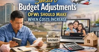 Filipino OFW reviewing budget and savings while connecting with family online, showing smart OFW budget adjustments during rising living costs with ExpPH Blog logo.