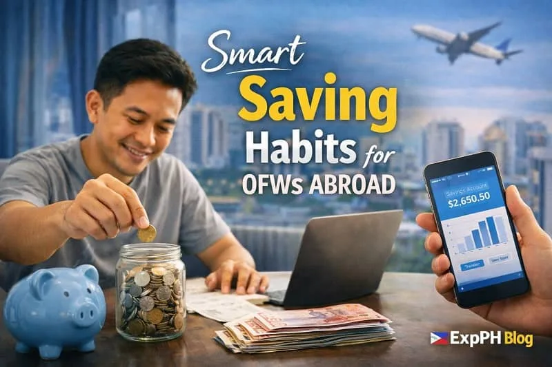 Filipino OFW saving money abroad using a piggy bank, notebook, and calculator as part of smart saving habits overseas