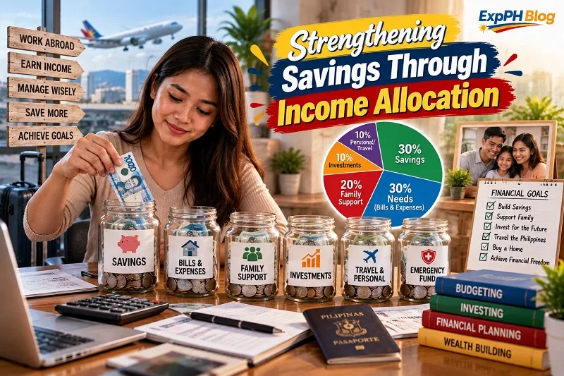 A Filipina organizing her income into labeled savings jars for savings, bills, family support, investments, travel, and emergencies, with a budget chart and financial goals checklist illustrating smart income allocation.