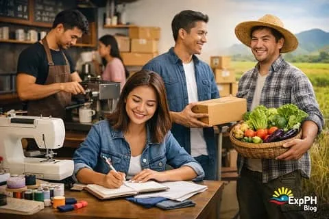 Filipino entrepreneurs working on small businesses in 2026, including online selling, food, farming, and home based ventures, with ExpPH Blog logo