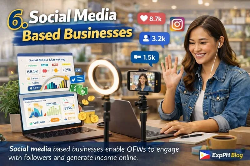 Filipino woman creating social media content using a smartphone and laptop with ring light, showing engagement metrics and online business growth
