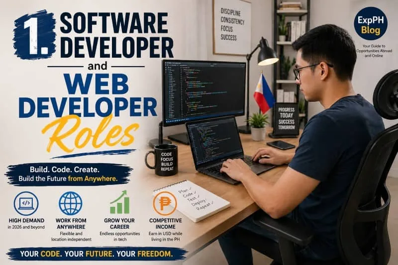 A Filipino software developer working on coding projects using a laptop and external monitor in a modern home office, highlighting software and web developer roles with ExpPH Blog branding.