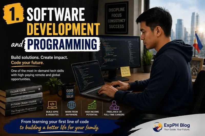 A Filipino man coding on a laptop and monitor in a modern workspace, representing software development and programming careers for OFWs, with visual elements about remote work, coding skills, and global opportunities, including the ExpPH Blog logo.