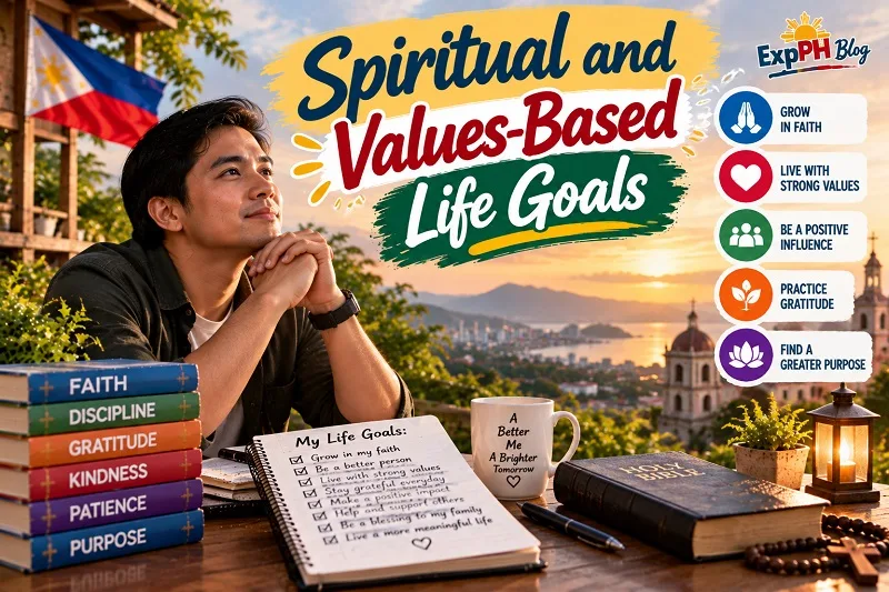Realistic Filipino man reflecting on spiritual growth and personal values at a desk with books and a journal, representing faith, gratitude, kindness, discipline, and purpose, with the ExpPH Blog logo.