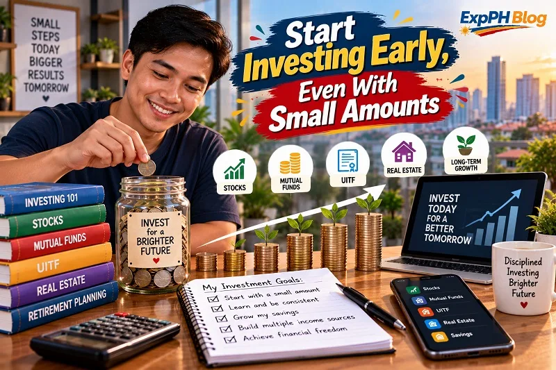 Start investing early, even with small amounts, showing a Filipino man saving coins in an investment jar alongside growing coin stacks, financial books, and investment growth charts.
