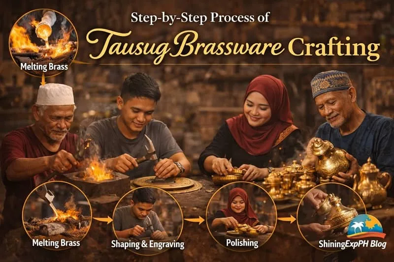 Tausug artisan showing the step-by-step process of traditional brassware crafting in Sulu, highlighting Filipino craftsmanship, tools, and hands-on metalwork.