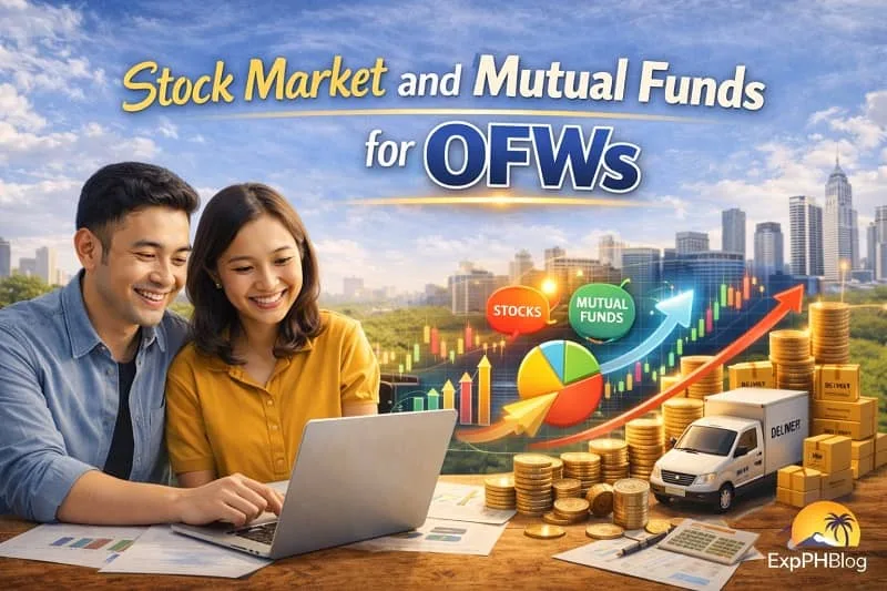 Stock market and mutual funds for OFWs showing Filipino couple reviewing investments, charts, and growth trends with ExpPH Blog logo
