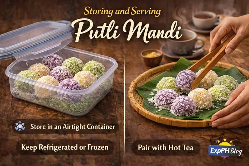 Putli Mandi Sulu Delicacy stored in an airtight container and served on banana leaves with hot tea in a traditional Filipino setting with ExpPH Blog logo