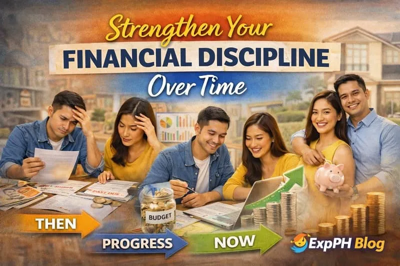 Filipino individual reviewing budget notes and savings progress at home, representing strengthening financial discipline through consistent money habits over time