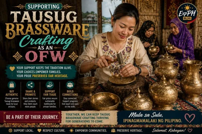 A realistic image of an Overseas Filipino Worker supporting Tausug brassware artisans through cultural promotion and handcrafted brass products from Sulu, Philippines, featuring traditional brassware, Filipino cultural elements, and the ExpPH Blog logo.