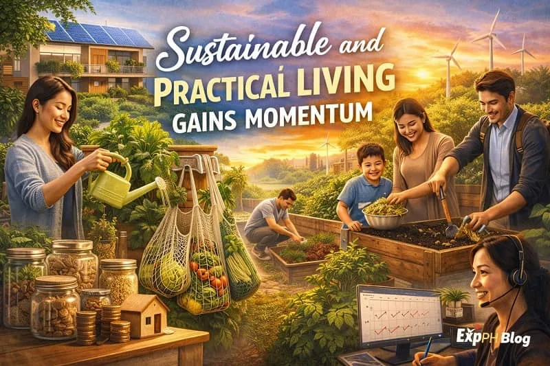 Realistic visual of Filipino families practicing sustainable living with gardening, reusable products, eco friendly homes, and practical daily habits, featuring the ExpPH Blog logo.
