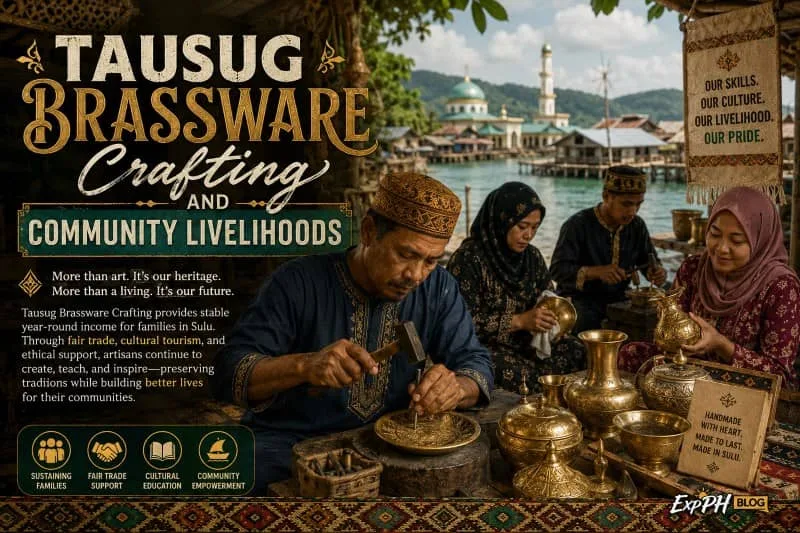 A realistic image of Tausug artisans crafting traditional brassware in a coastal community in Sulu, Philippines, featuring handcrafted brass items, cultural attire, the ExpPH Blog logo, and mixed-font typography about community livelihoods.