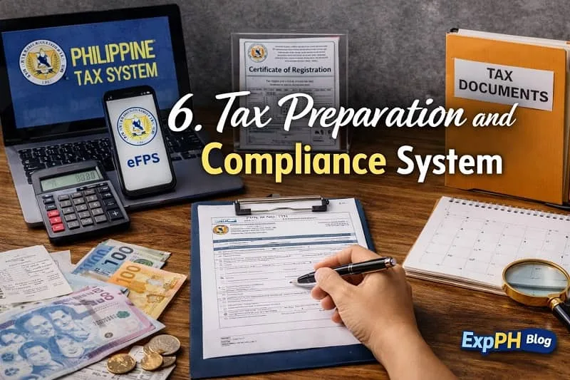 A Filipino small business tax preparation setup showing BIR forms, Philippine peso cash, calculator, laptop with eFPS system, and documents organized for tax compliance, with ExpPH Blog logo.