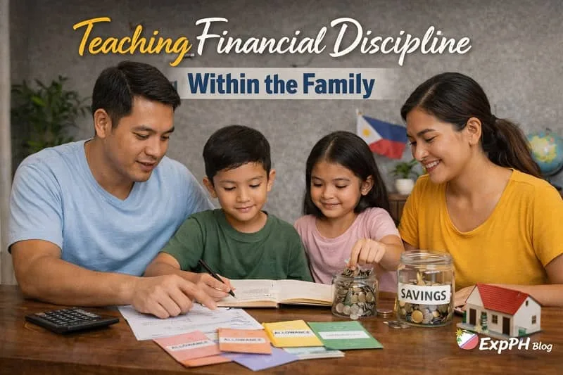 Filipino family teaching children financial discipline at home through budgeting discussions and simple money management activities.