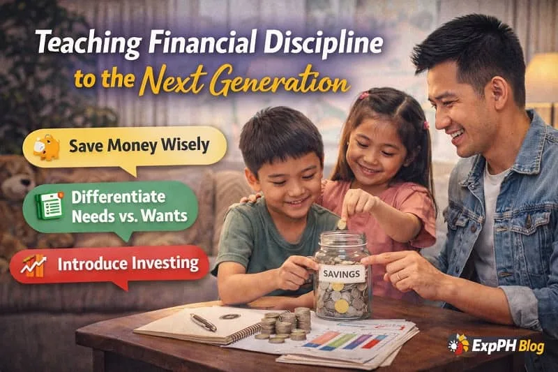 Filipino parent teaching children about saving money and financial discipline for the next generation