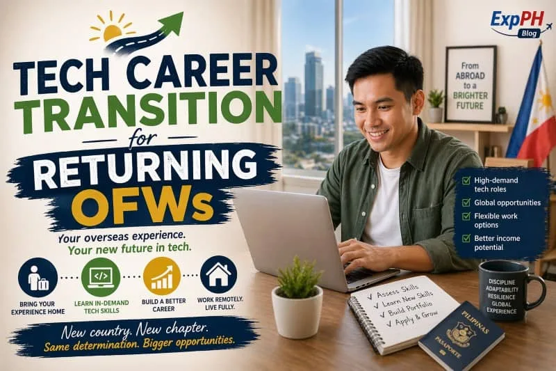Returning Filipino OFW working on a laptop at home with Philippine flag and tech career icons, representing transition into digital jobs and remote work opportunities