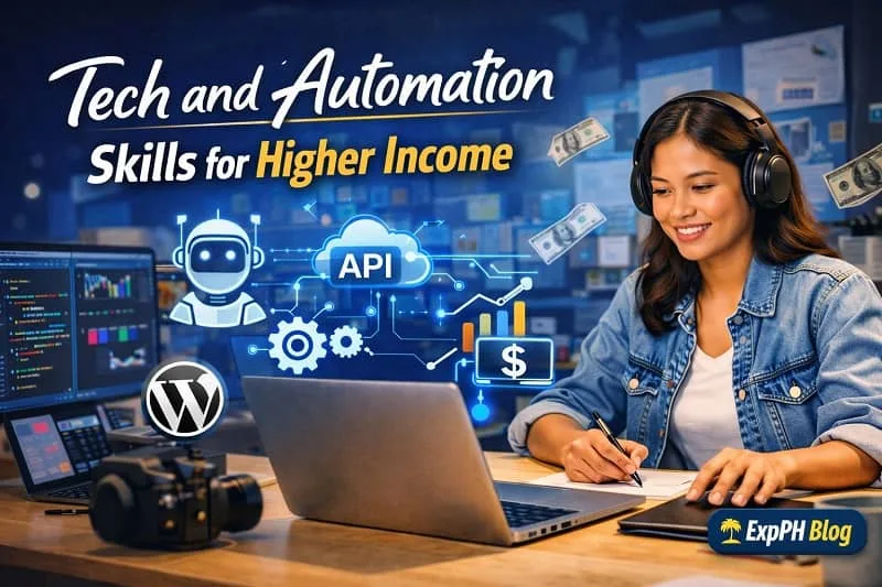 Filipino digital worker using a laptop with tech and automation icons representing skills for higher income with ExpPH Blog logo visible