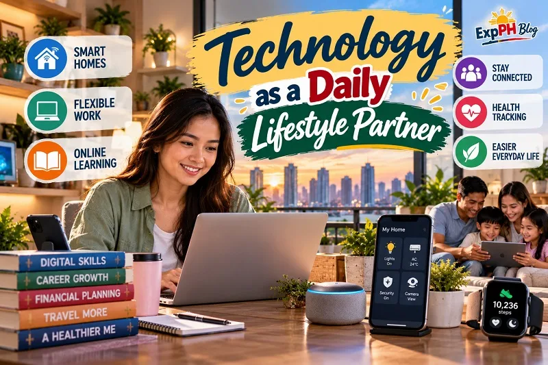Realistic Filipina using a laptop in a modern home, with smart-home controls, a smartphone, a fitness tracker, and a Filipino family using a tablet, representing technology for work, learning, health, and everyday living, with the ExpPH Blog logo.