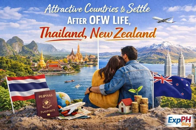 Filipino couple looking at Thailand and New Zealand landscapes with city and nature landmarks while planning life after OFW work, with Philippine passport, travel symbols, savings, home icon, and ExpPH Blog logo