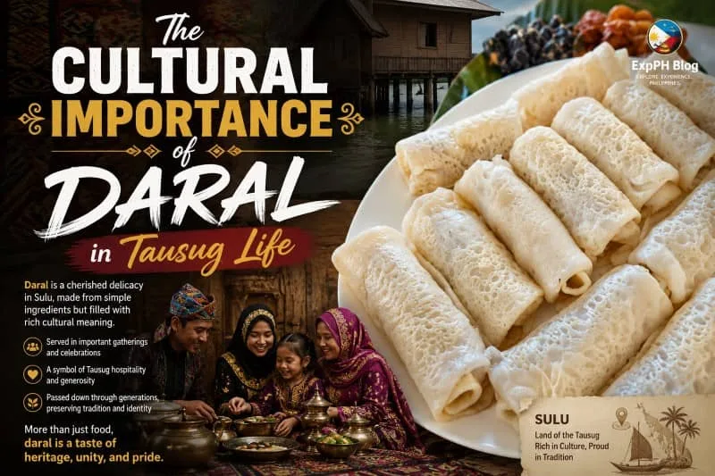 Traditional Tausug Daral delicacy from Sulu displayed on a plate, featured alongside a Filipino Muslim family in traditional attire, highlighting the cultural importance of Daral in Tausug life and heritage.
