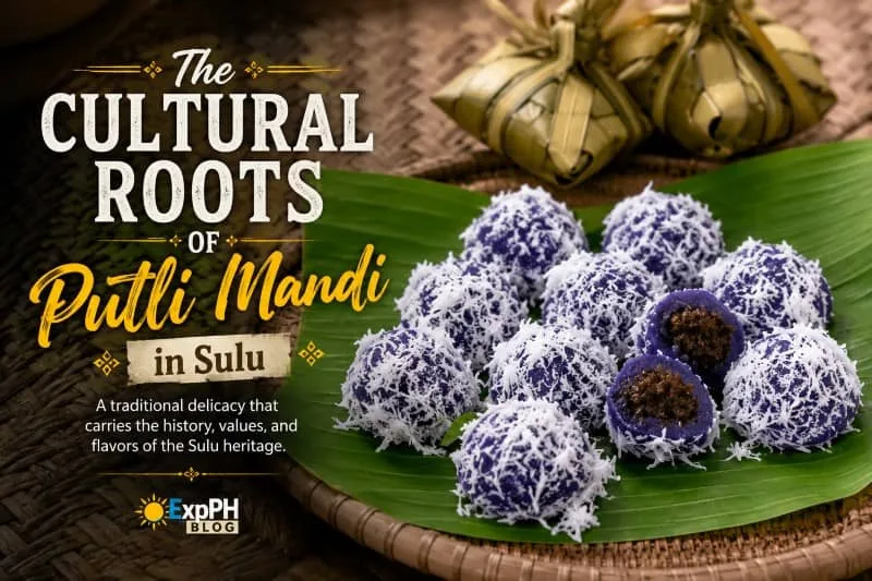Traditional Putli Mandi delicacy from Sulu displayed on a banana leaf, featuring purple glutinous rice balls coated with grated coconut, highlighting the cultural heritage of the Tausug people.