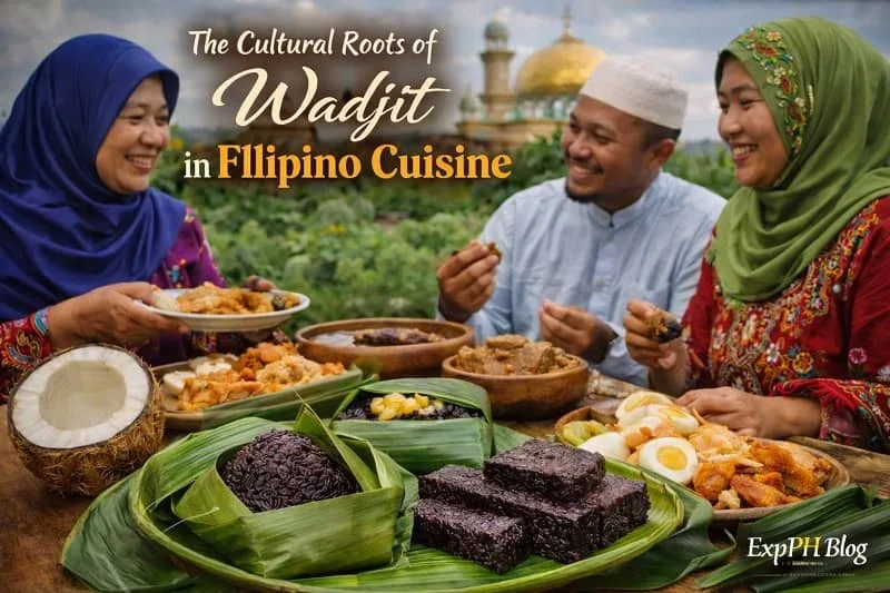 Muslim Filipino family sharing Wadjit black rice cake during a traditional meal, highlighting cultural roots in Filipino cuisine