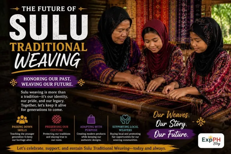Filipino Tausug women and young girls learning traditional weaving together in Sulu with educational text about preserving the future of Sulu Traditional Weaving and the ExpPH Blog logo.