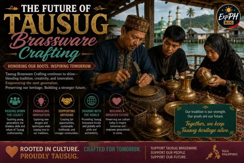 A realistic image of young Tausug artisans learning traditional brassware crafting techniques in Sulu, Philippines, featuring handcrafted brass products, cultural workshop elements, modern learning tools, and the ExpPH Blog logo.