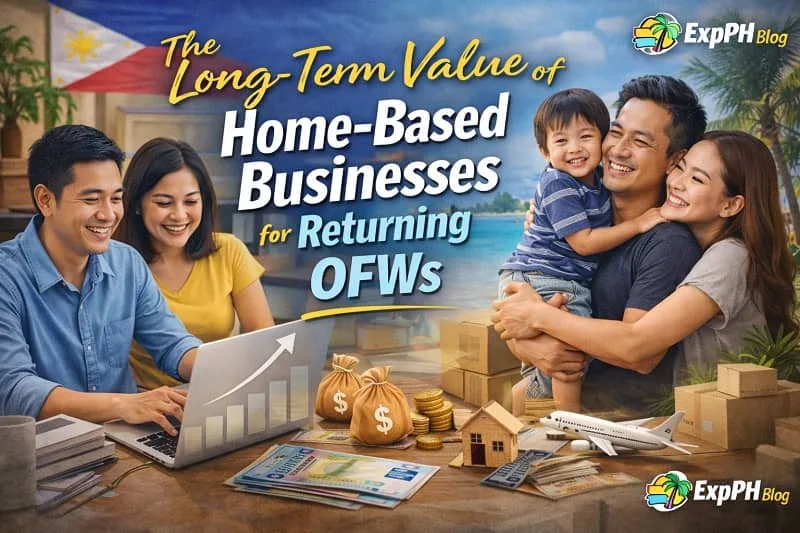 Filipino couple working on a laptop with financial growth icons and happy family scene, representing long-term success of home-based businesses with ExpPH Blog logo