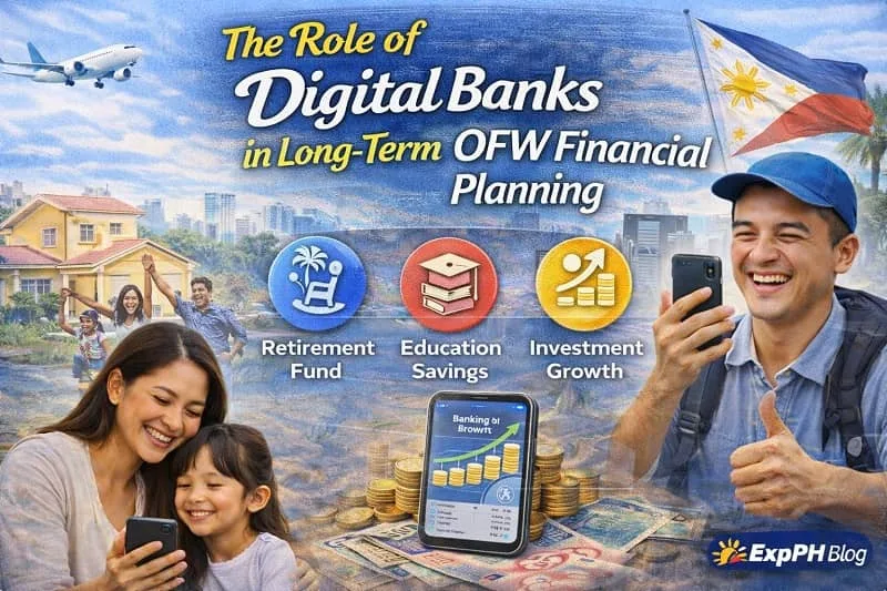 Filipino OFW using digital banking apps for long-term financial planning with family, savings growth, education, and retirement visuals and ExpPH Blog logo