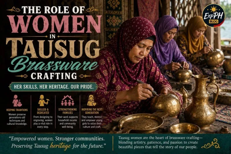 A realistic image of Tausug women polishing and preparing handcrafted brassware inside a traditional workshop in Sulu, Philippines, featuring cultural attire, brass crafts, the ExpPH Blog logo, and mixed-font typography about women artisans.